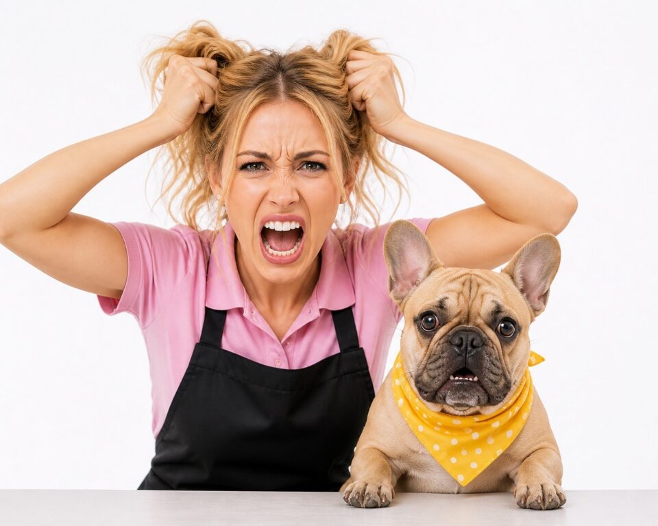 Pet groomer looking frustrated beside a bulldog