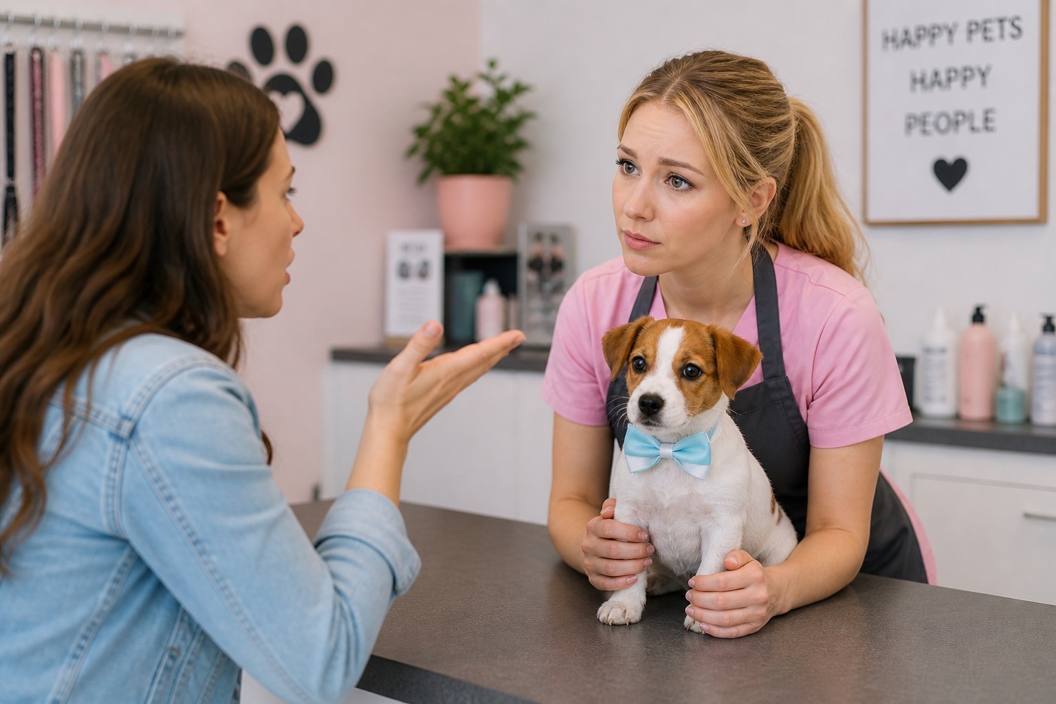 Unhappy pet owner speaking with staff