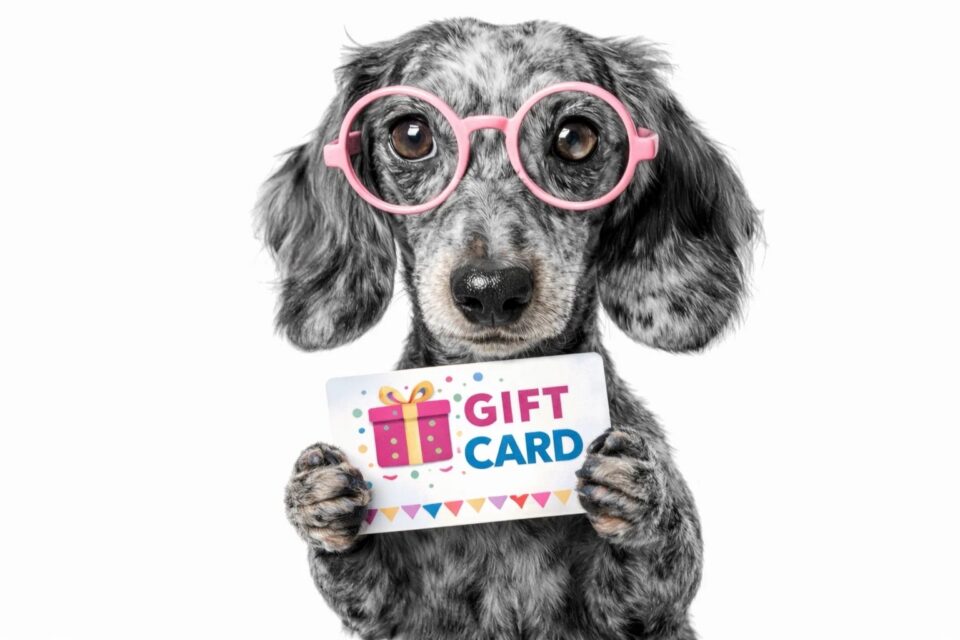 Neko poodle mascot holding a gift card