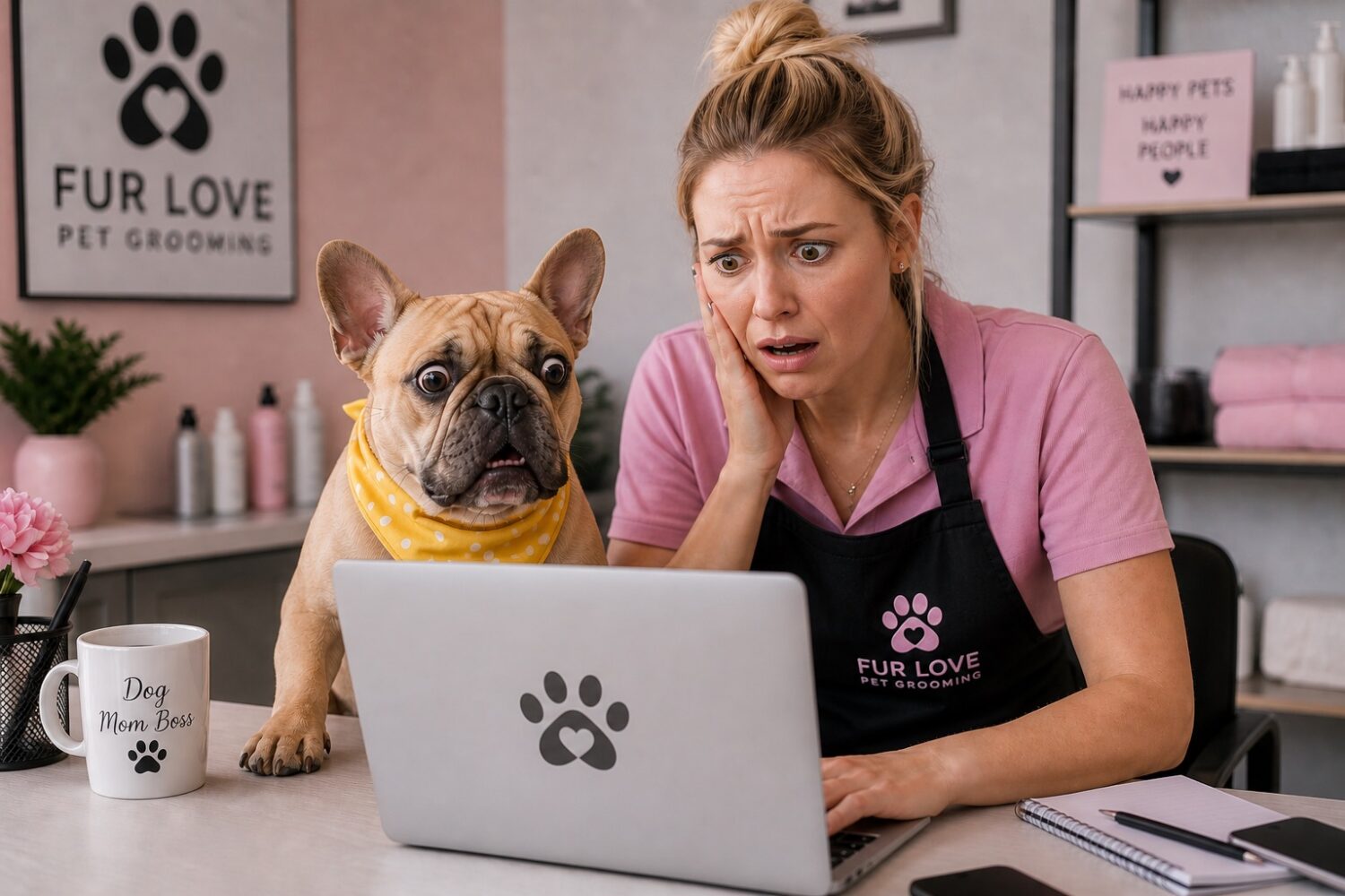 Groomer looking stressed at a laptop beside a dog