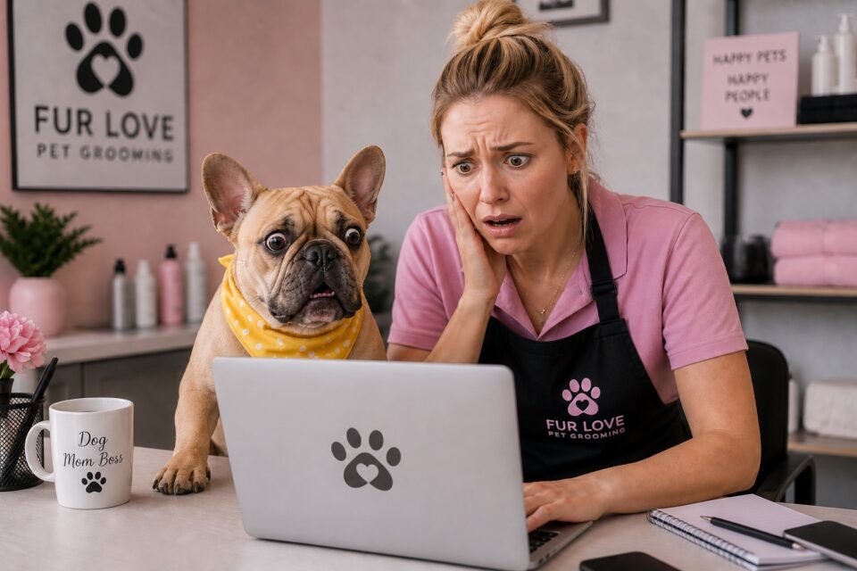 Groomer looking stressed at a laptop beside a dog