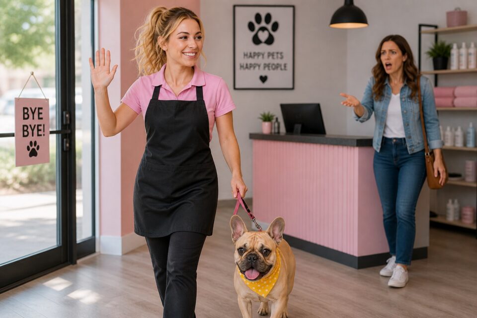 Pet groomer welcoming an owner
