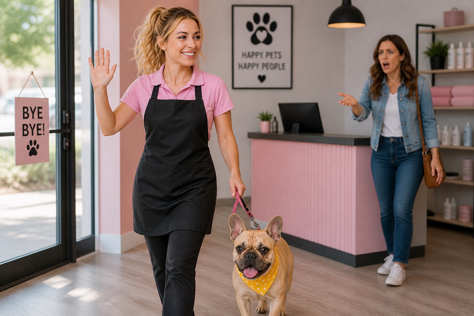 Pet groomer welcoming an owner