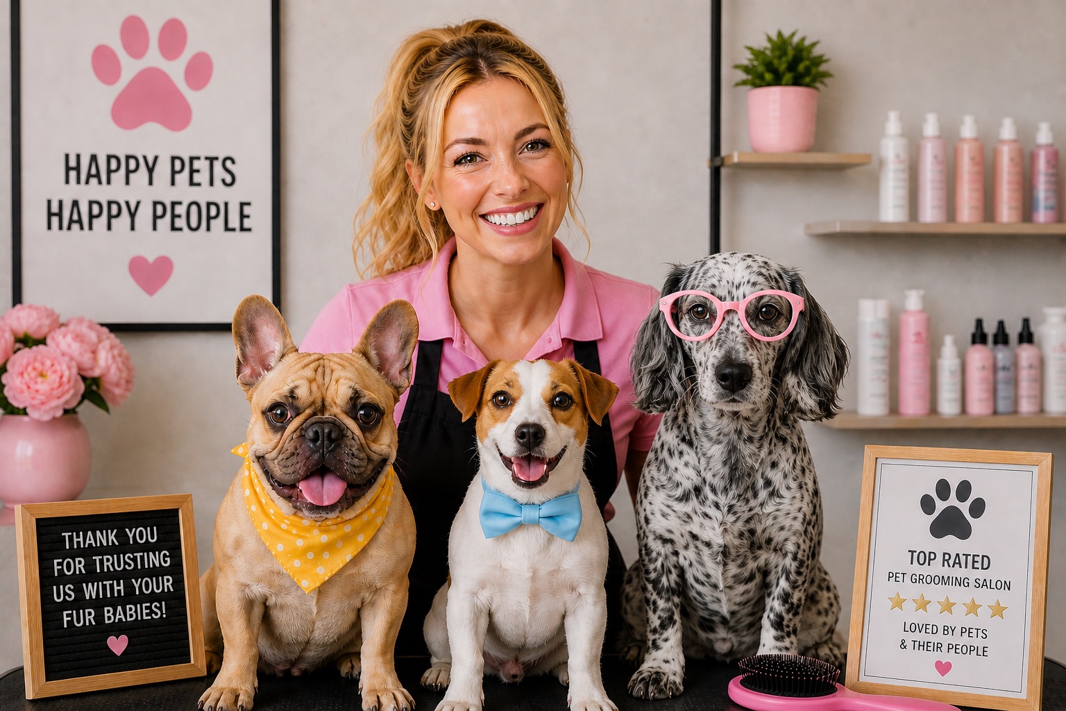 Pet business staff with a happy pets sign