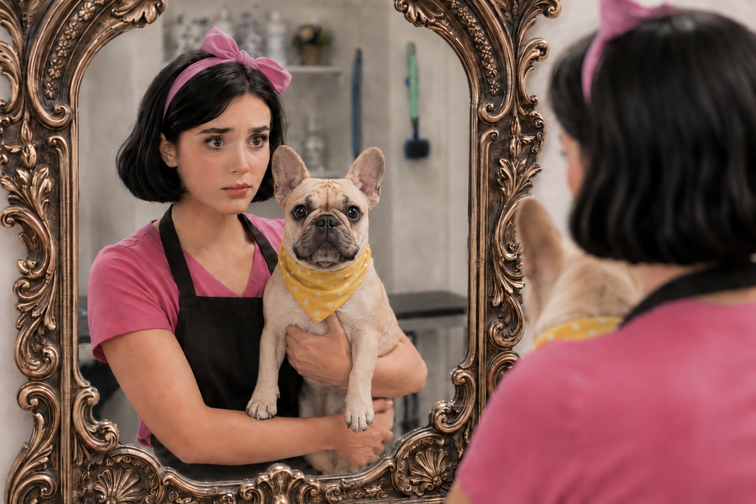 Groomer looking concerned beside a French bulldog