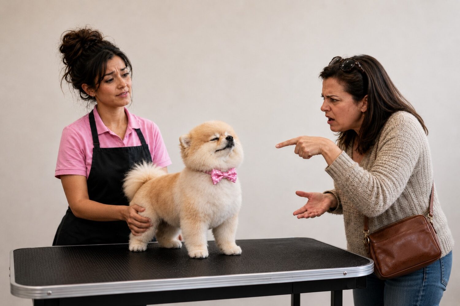 Groomer speaking with the owner of a white dog