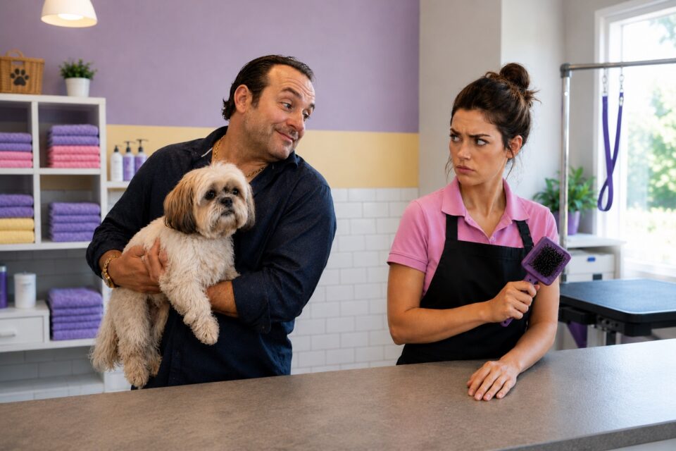 Groomer discussing pet care with an owner