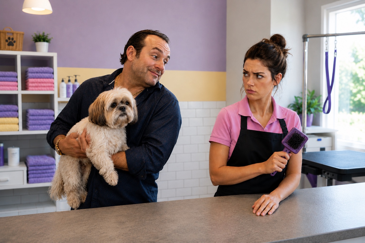 Groomer discussing pet care with an owner