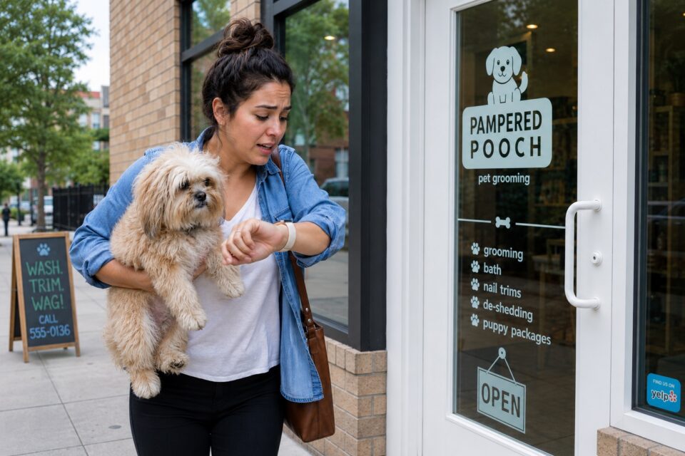 Pet owner arriving at a grooming salon with a dog