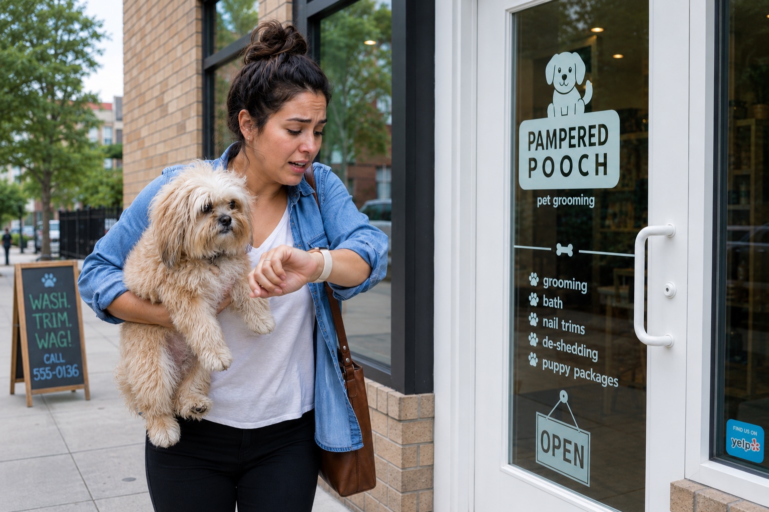 Pet owner arriving at a grooming salon with a dog