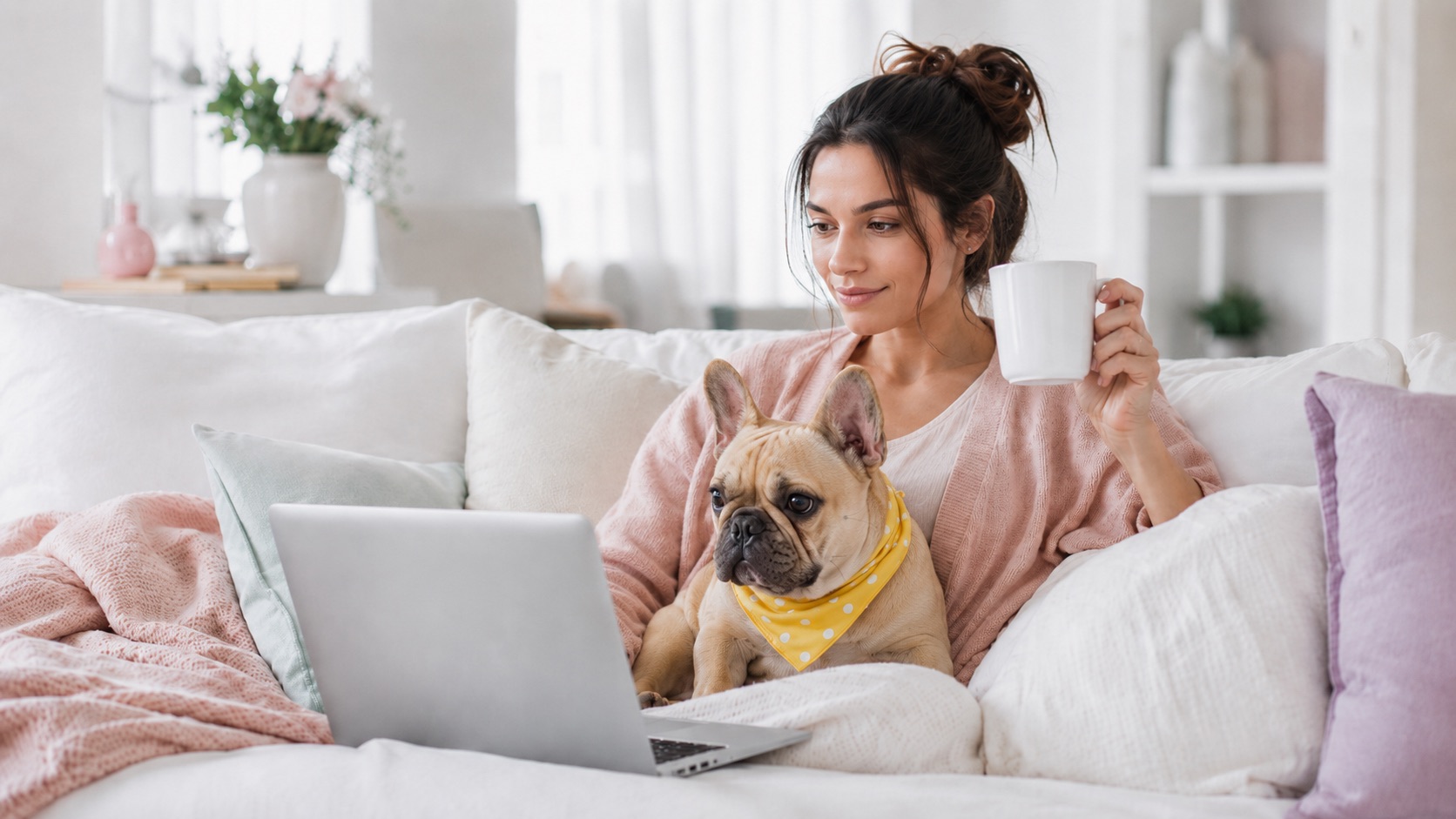Pet owner using a laptop beside a resting bulldog