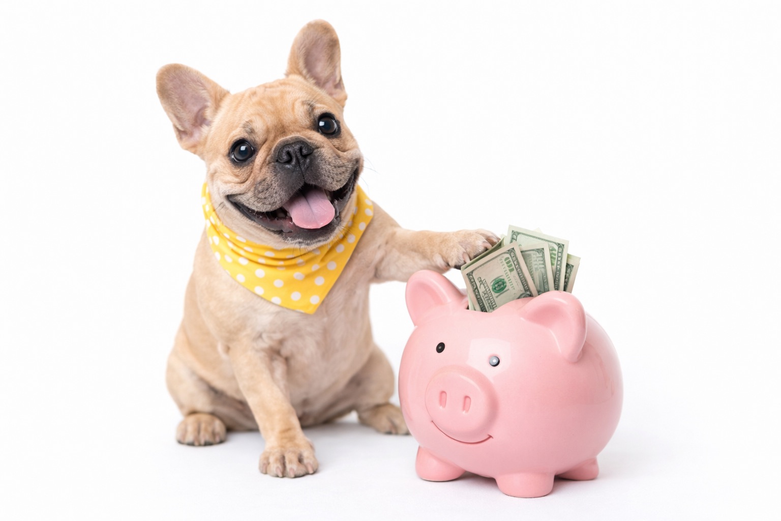 French bulldog beside a piggy bank and money