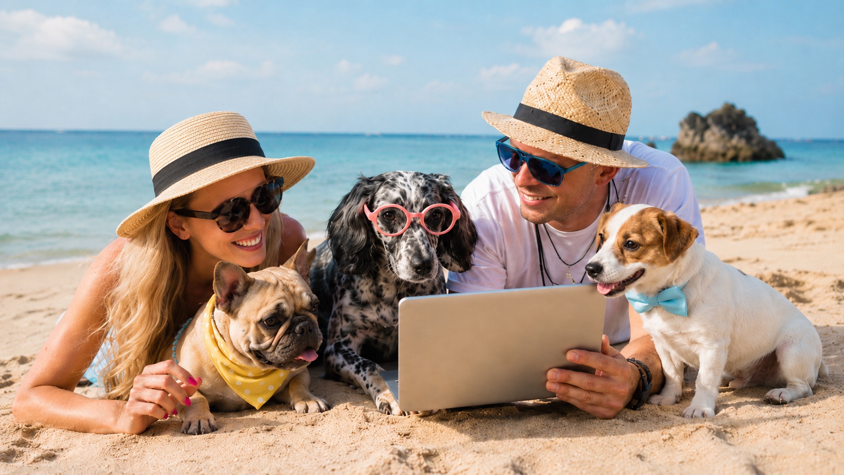 Pet owners using a laptop on a beach with their dogs