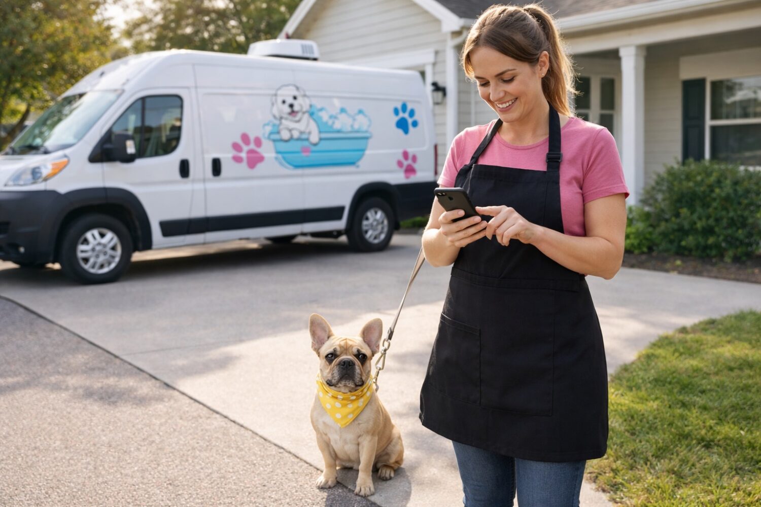 Mobile pet groomer using a phone beside a grooming van