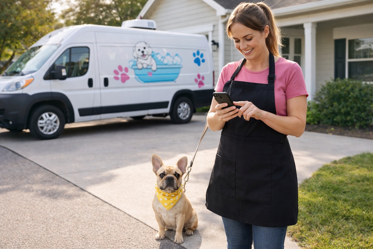 Mobile pet groomer using a phone beside a grooming van