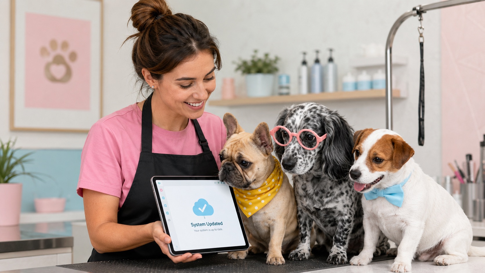 Pet groomer using a tablet beside three dogs