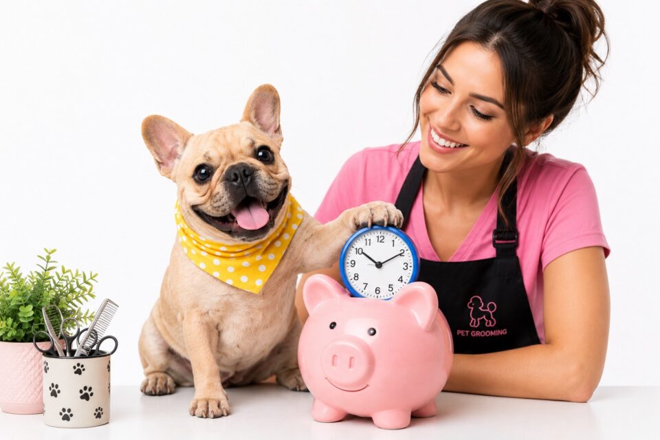 Pet groomer beside a clock piggy bank and dog