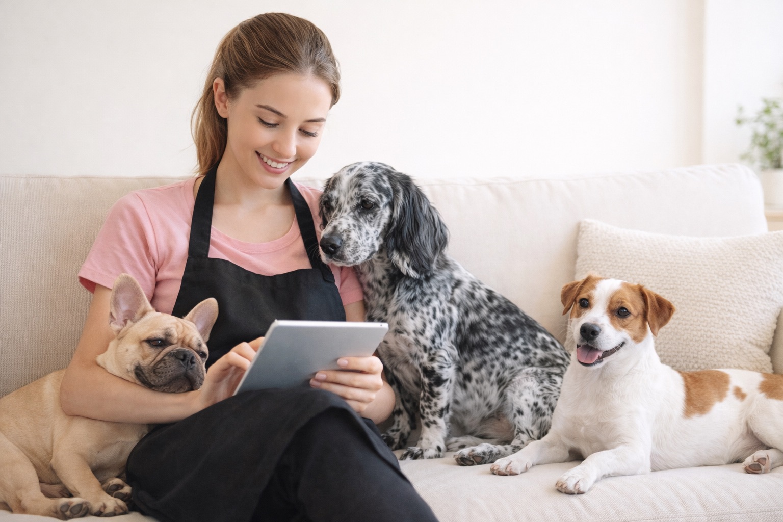 Pet groomer using a tablet beside three dogs