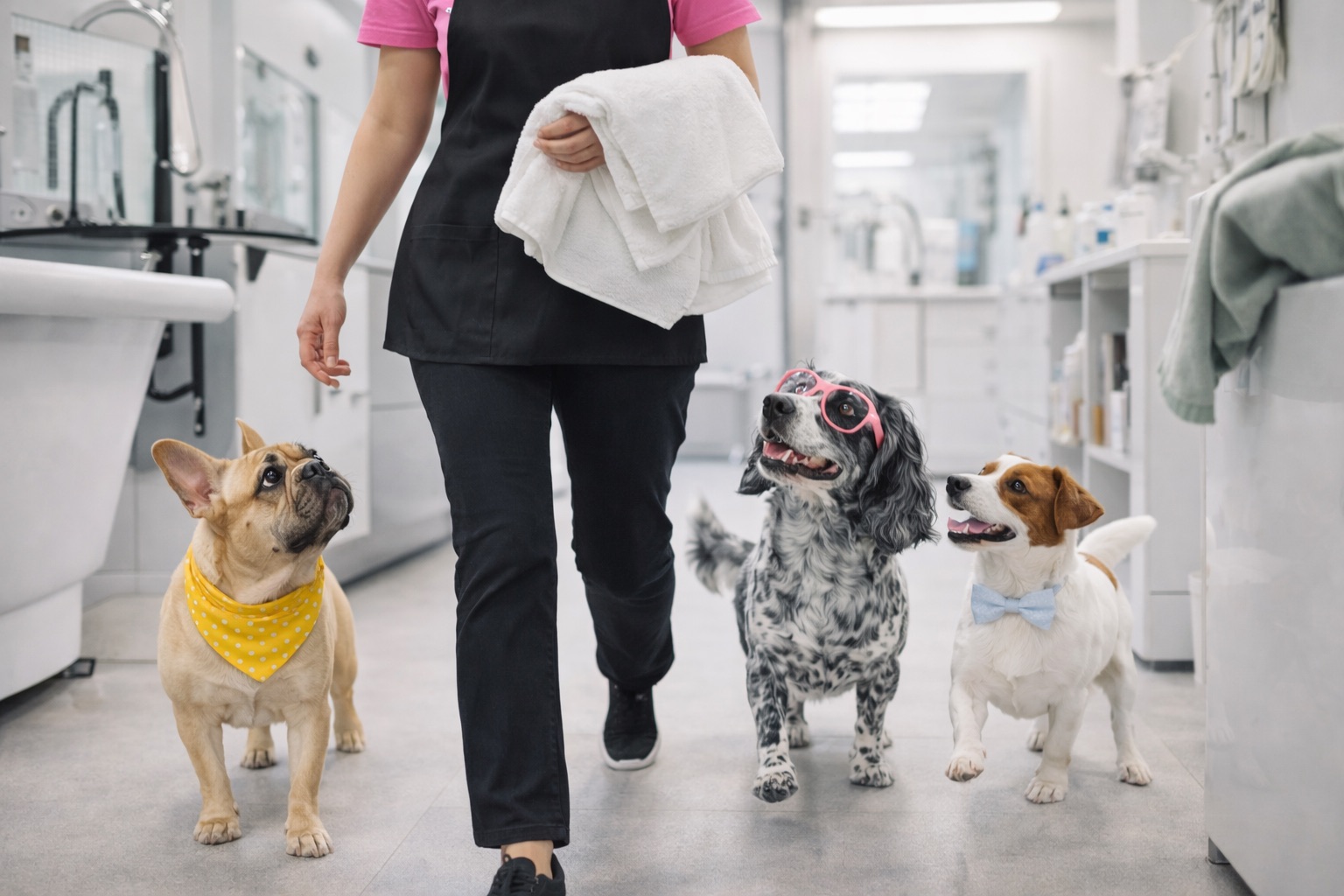 Pet owner walking dogs outside a grooming salon
