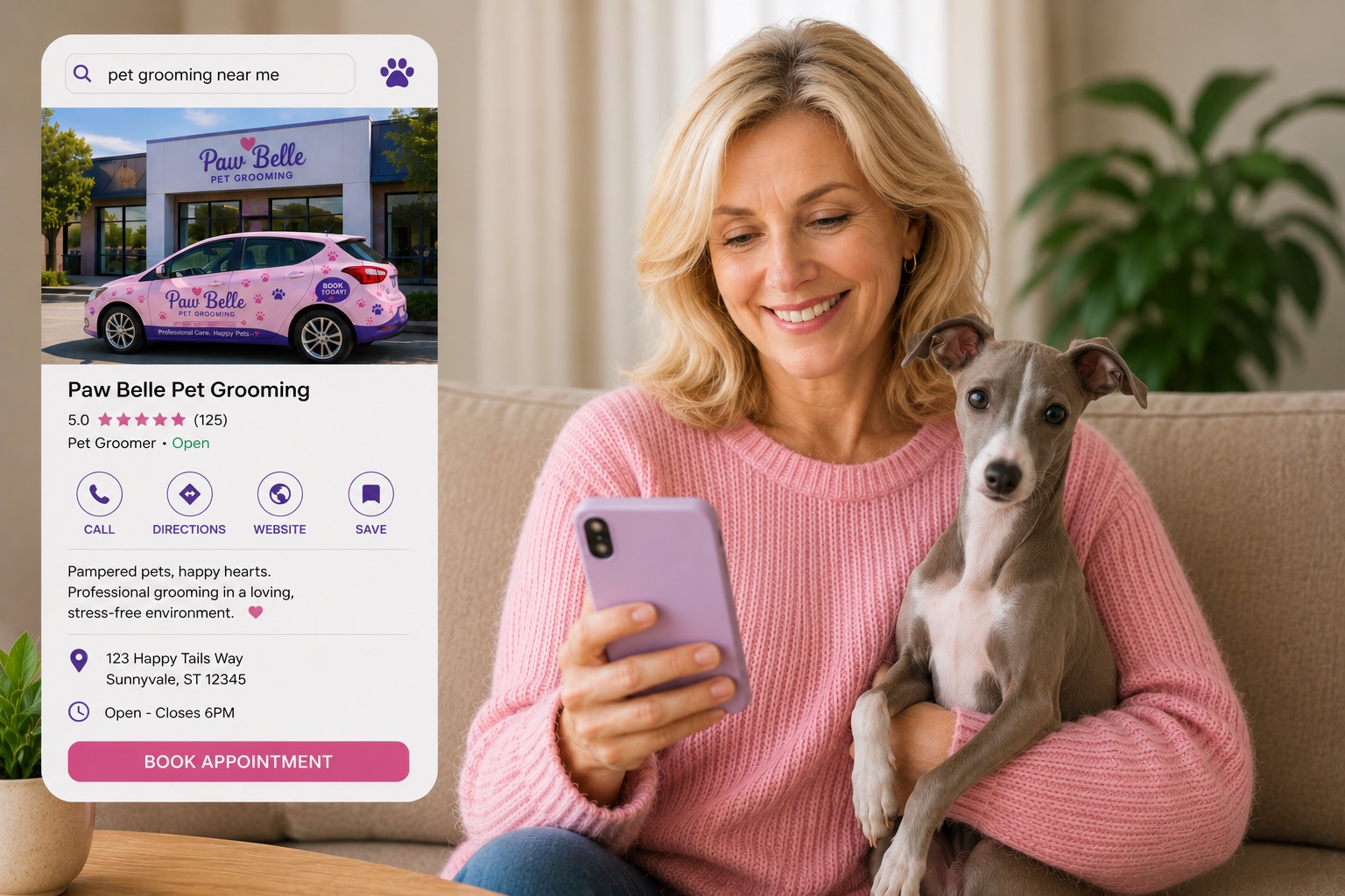Paw Belle Google business listing on a phone