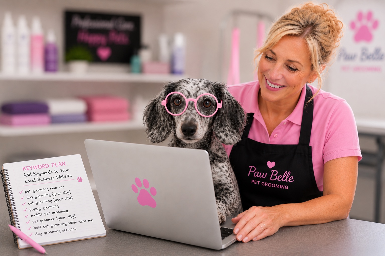Pet business staff reviewing a laptop beside a dog