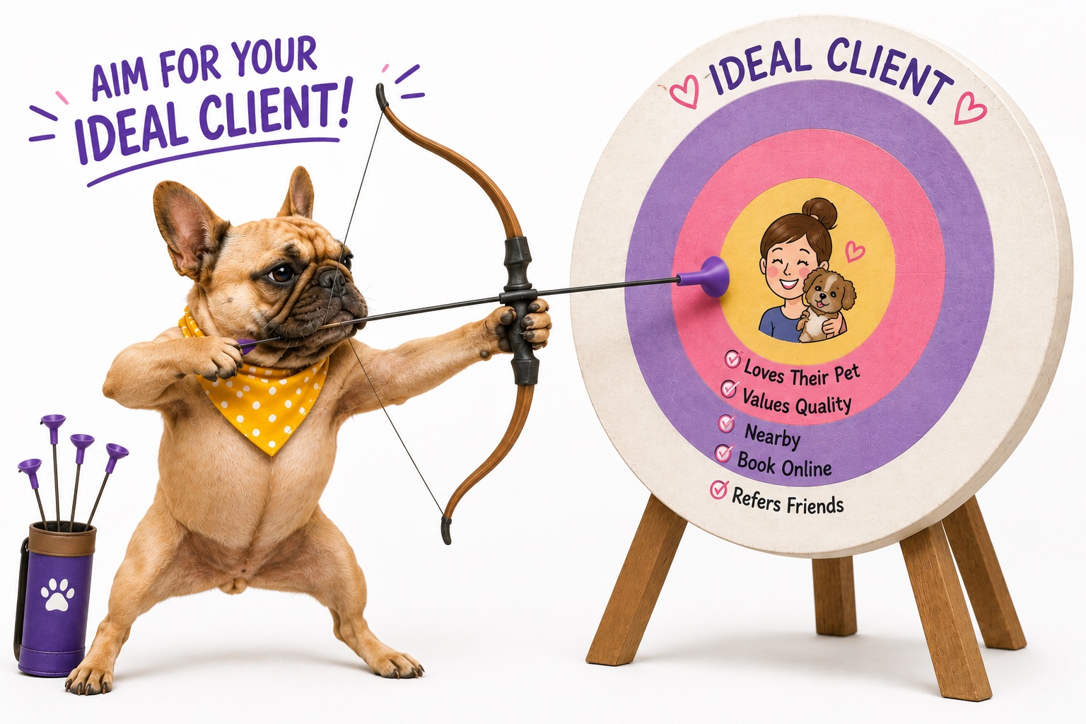 Ideal pet client target illustration with a bulldog