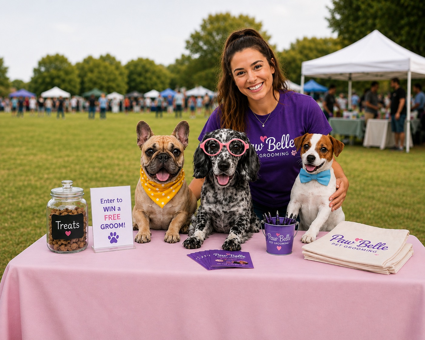 Paw Belle grooming event stall with dogs