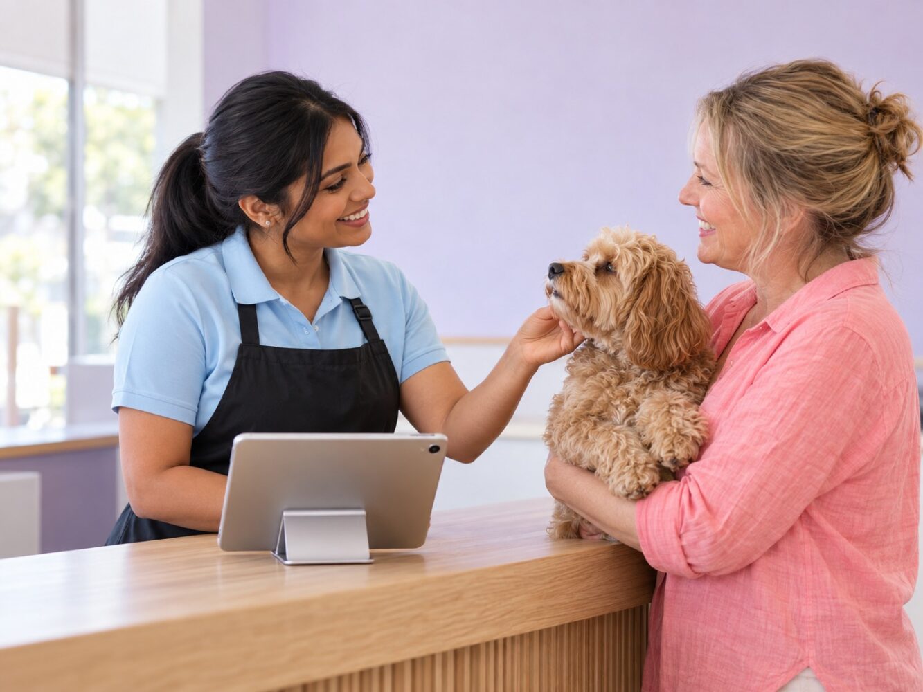 Pet business staff reviewing customer records together