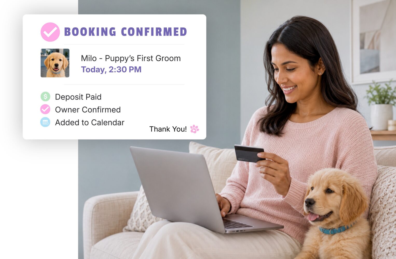 Pet grooming booking website displayed on a laptop