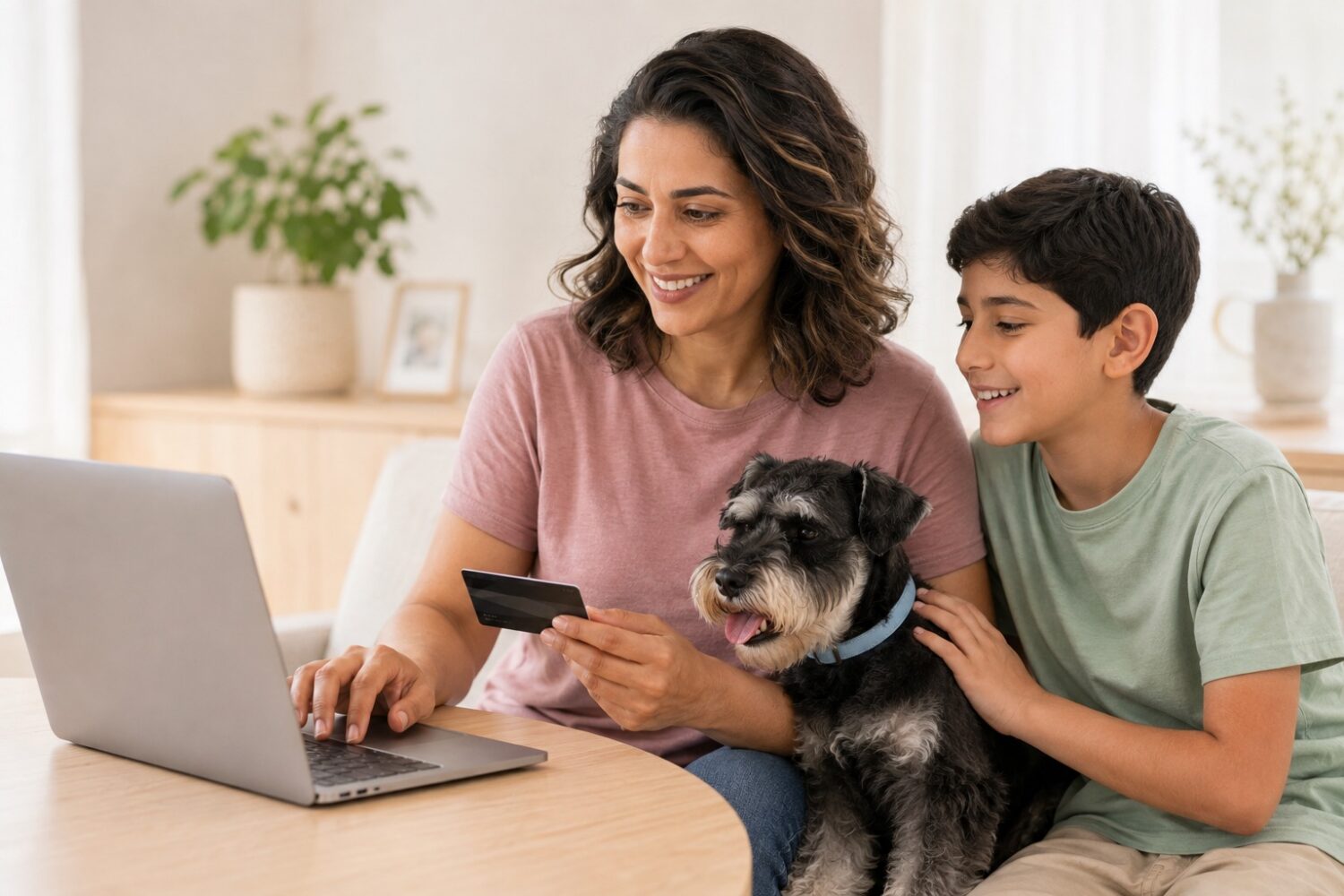 Family reviewing an online pet booking on a laptop