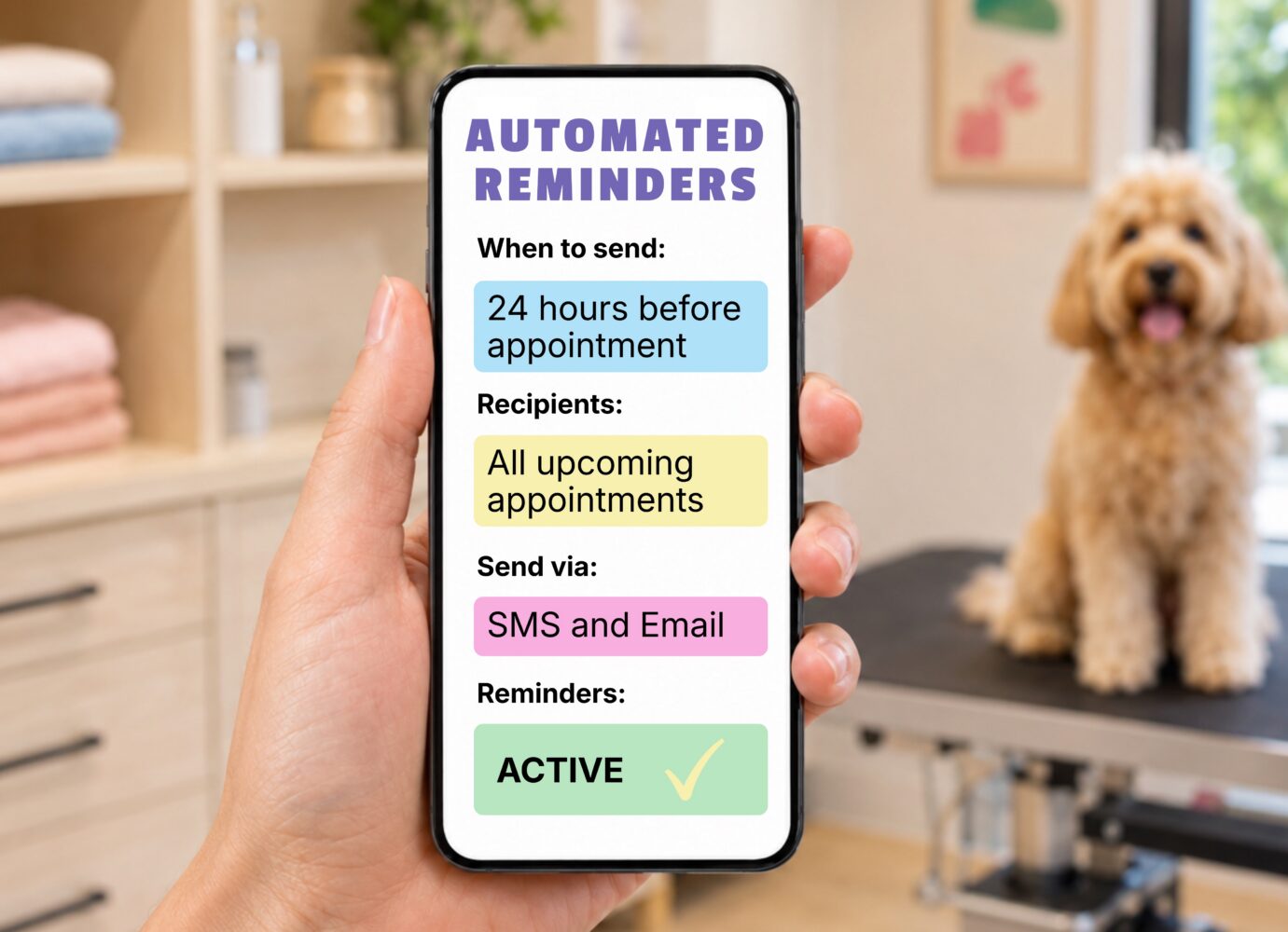 Automated pet appointment reminder settings on a phone