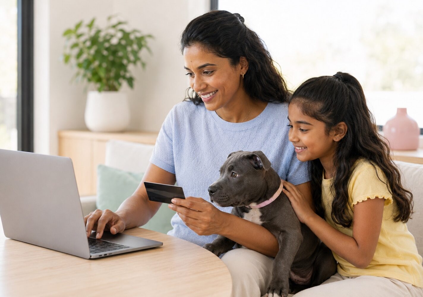 Family reviewing an online pet booking on a laptop