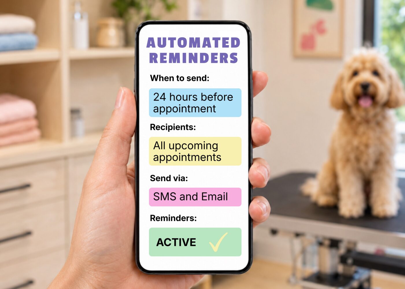 Automated pet appointment reminder settings on a phone
