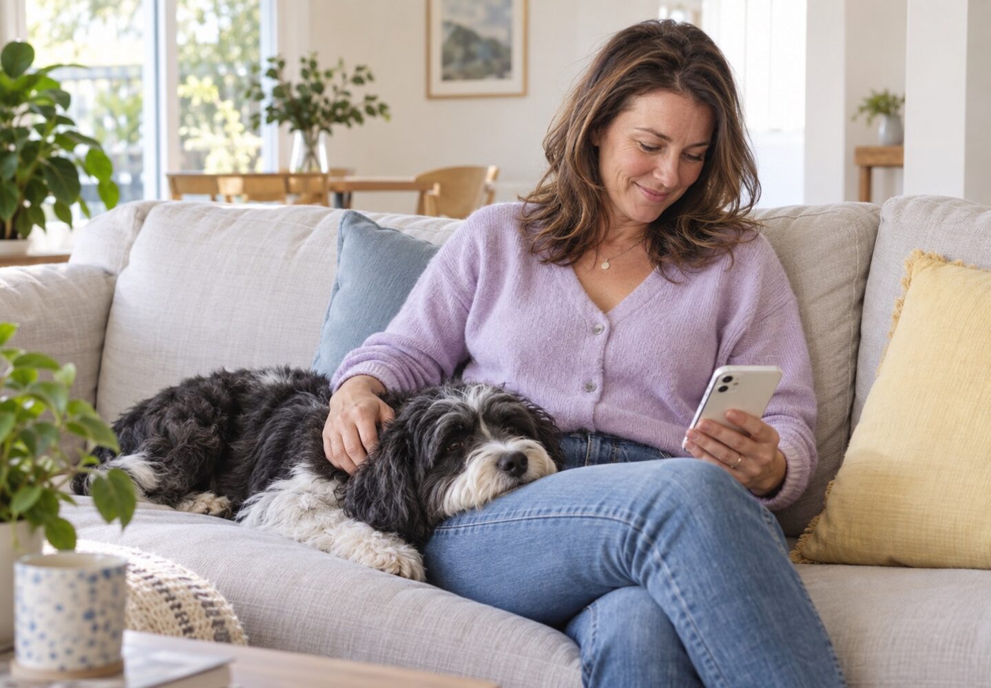 Pet owner completing a form on a tablet beside a dog