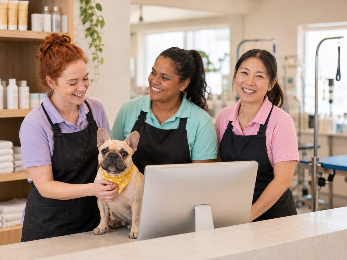 Pet business staff reviewing customer records together