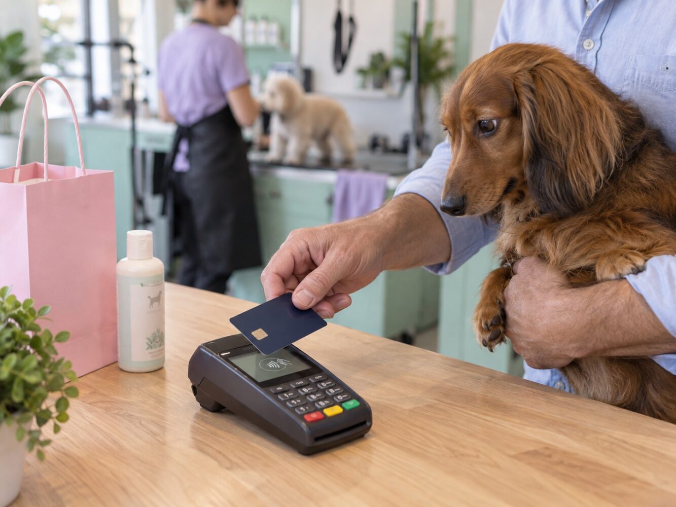 Pet owner paying at a card terminal beside a dog