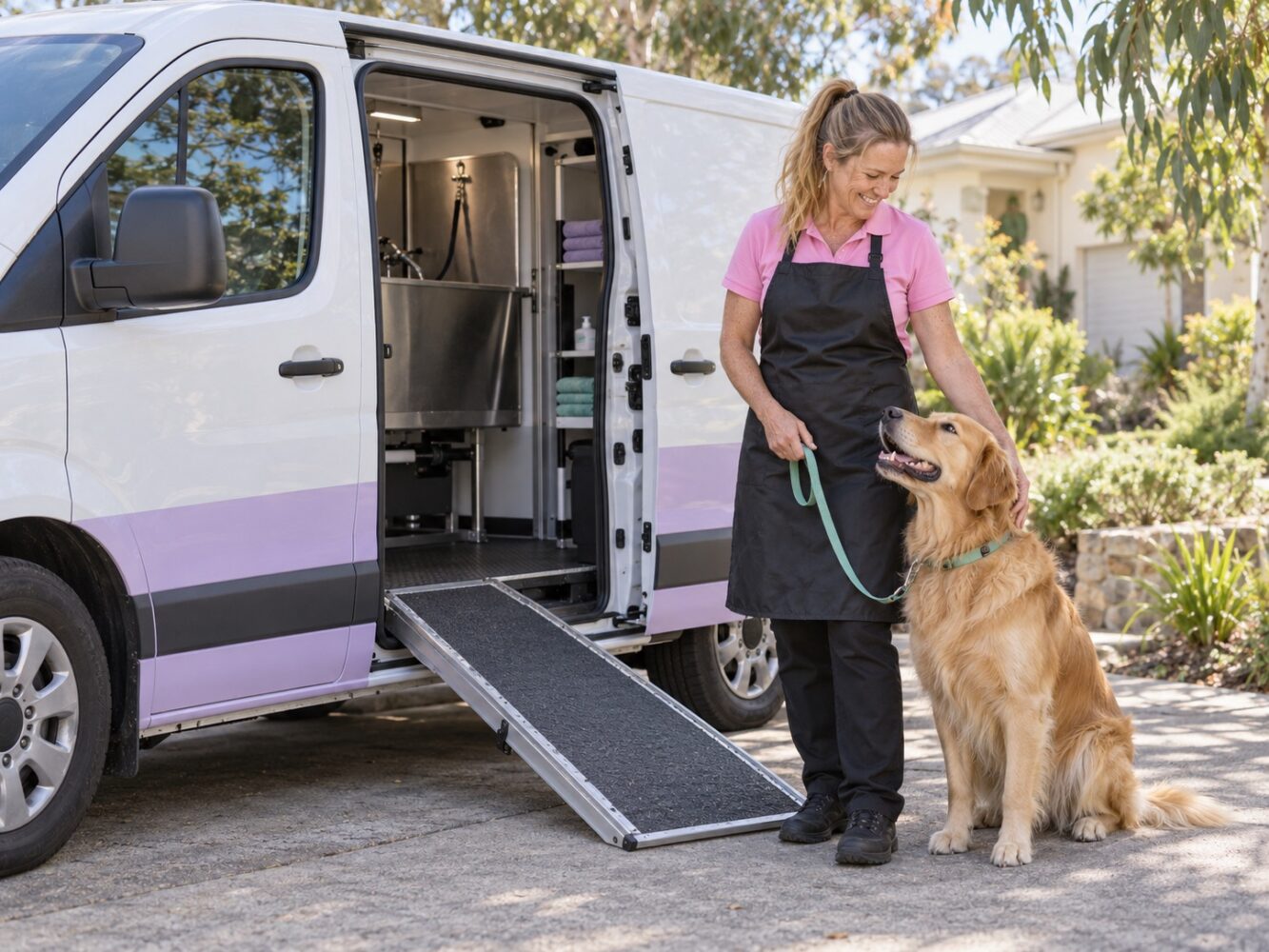 Mobile pet groomer beside a grooming van
