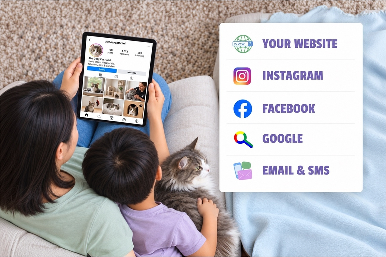 Online pet booking channels shown beside a tablet