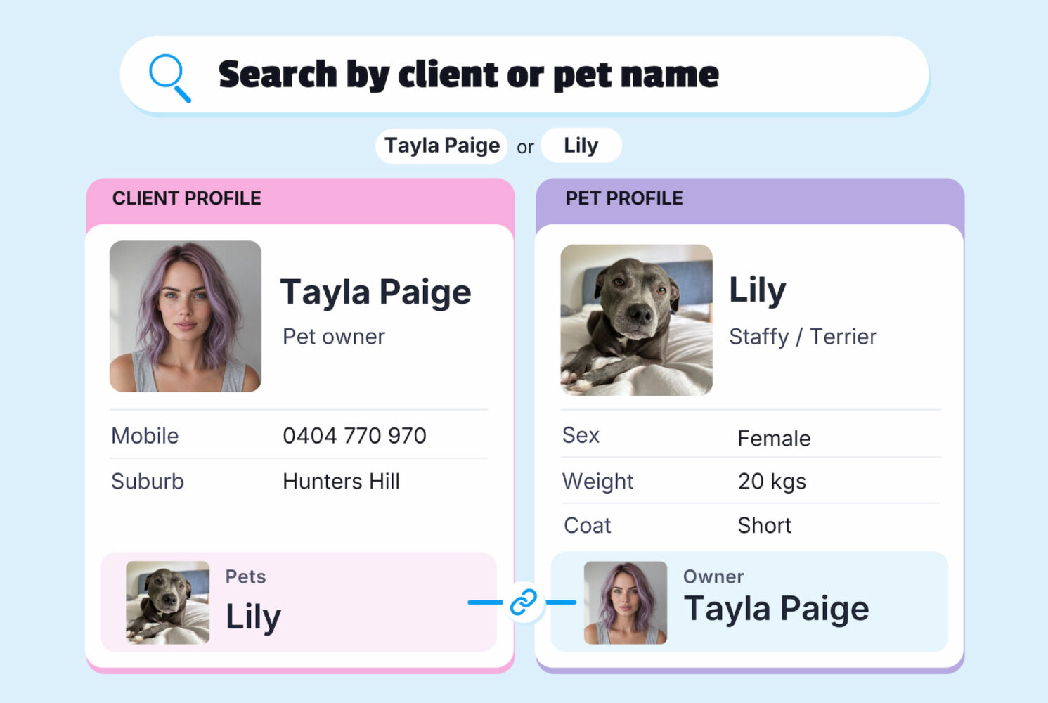 Linked pet and owner profile diagram