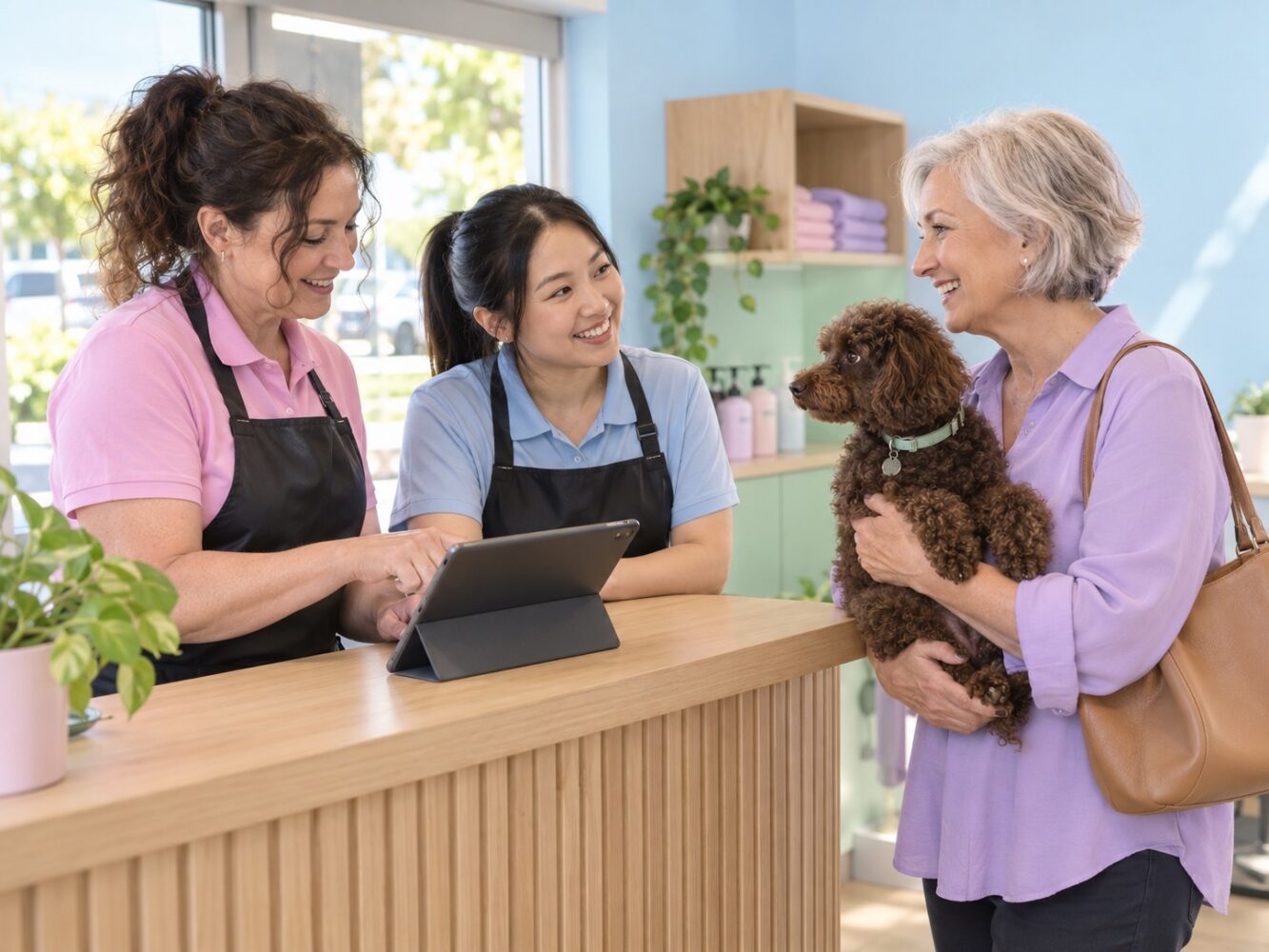 Pet business staff reviewing customer records together