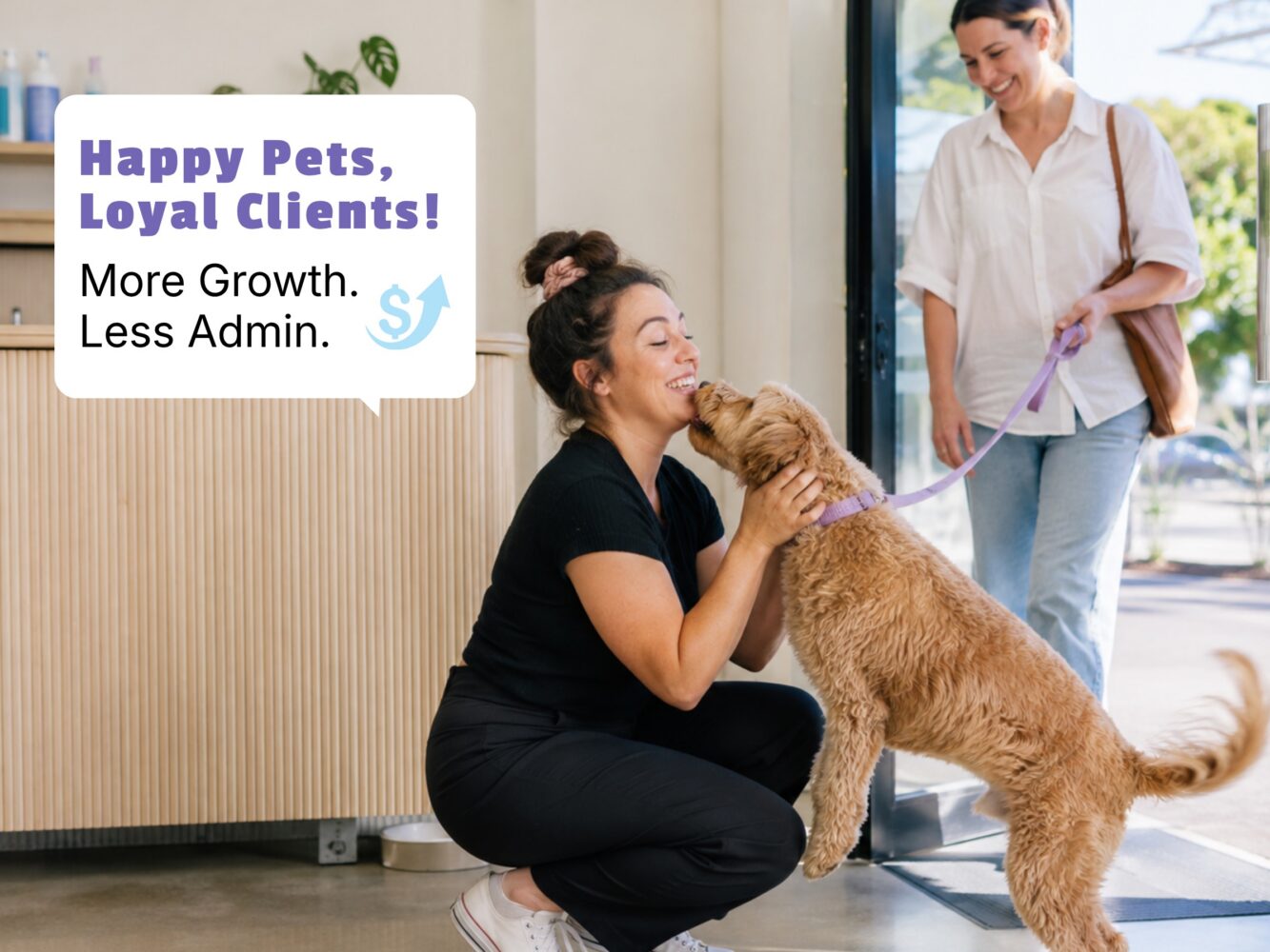 Groomer welcoming a returning pet client