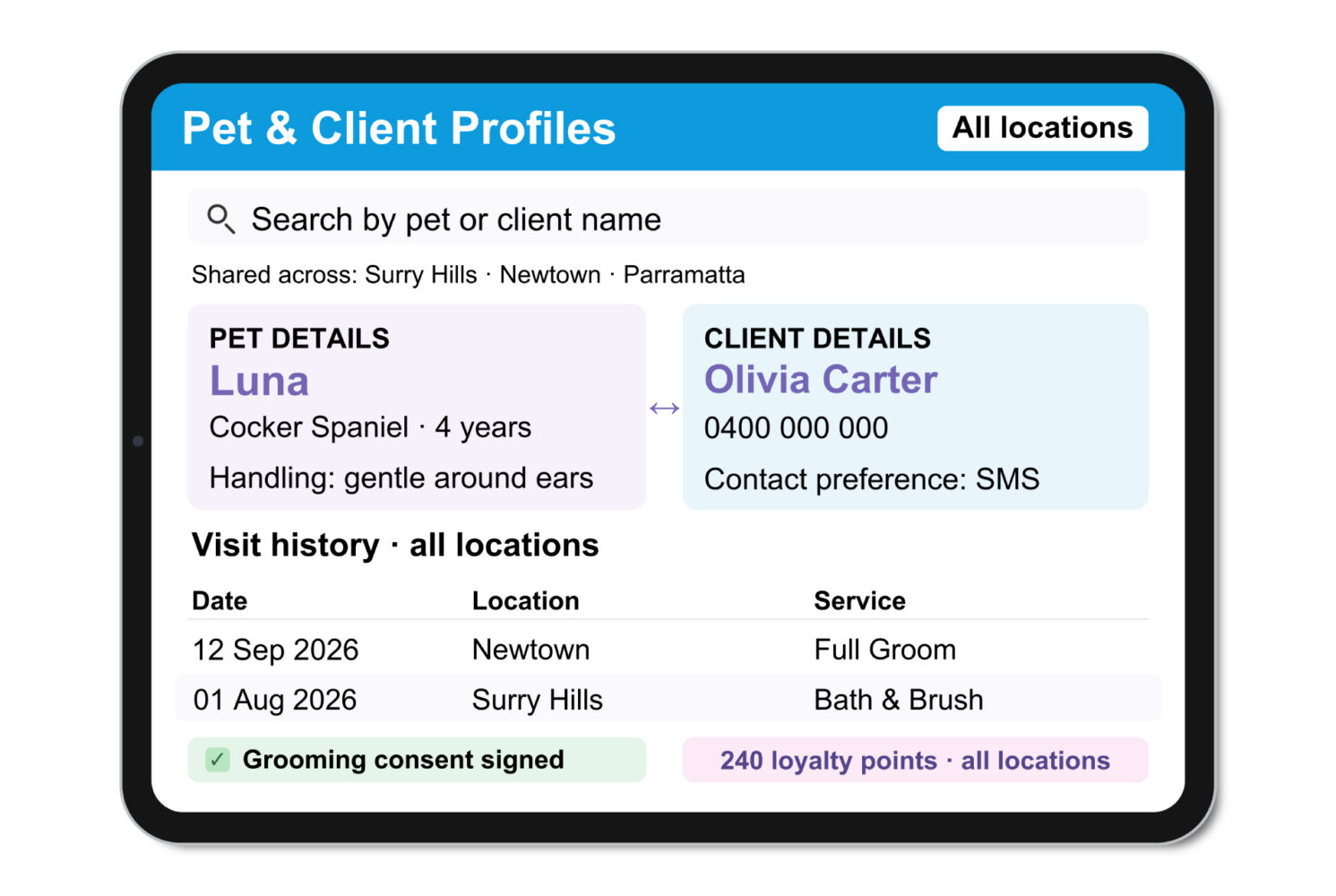 Neko pet and client profile screen