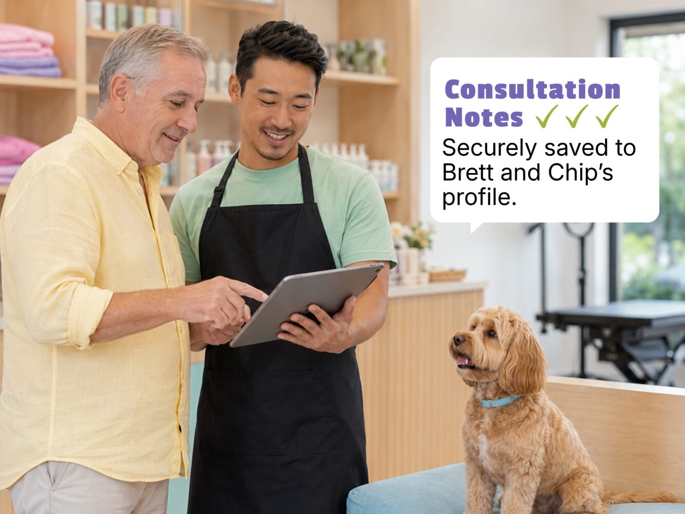 Pet groomer consulting with a dog owner