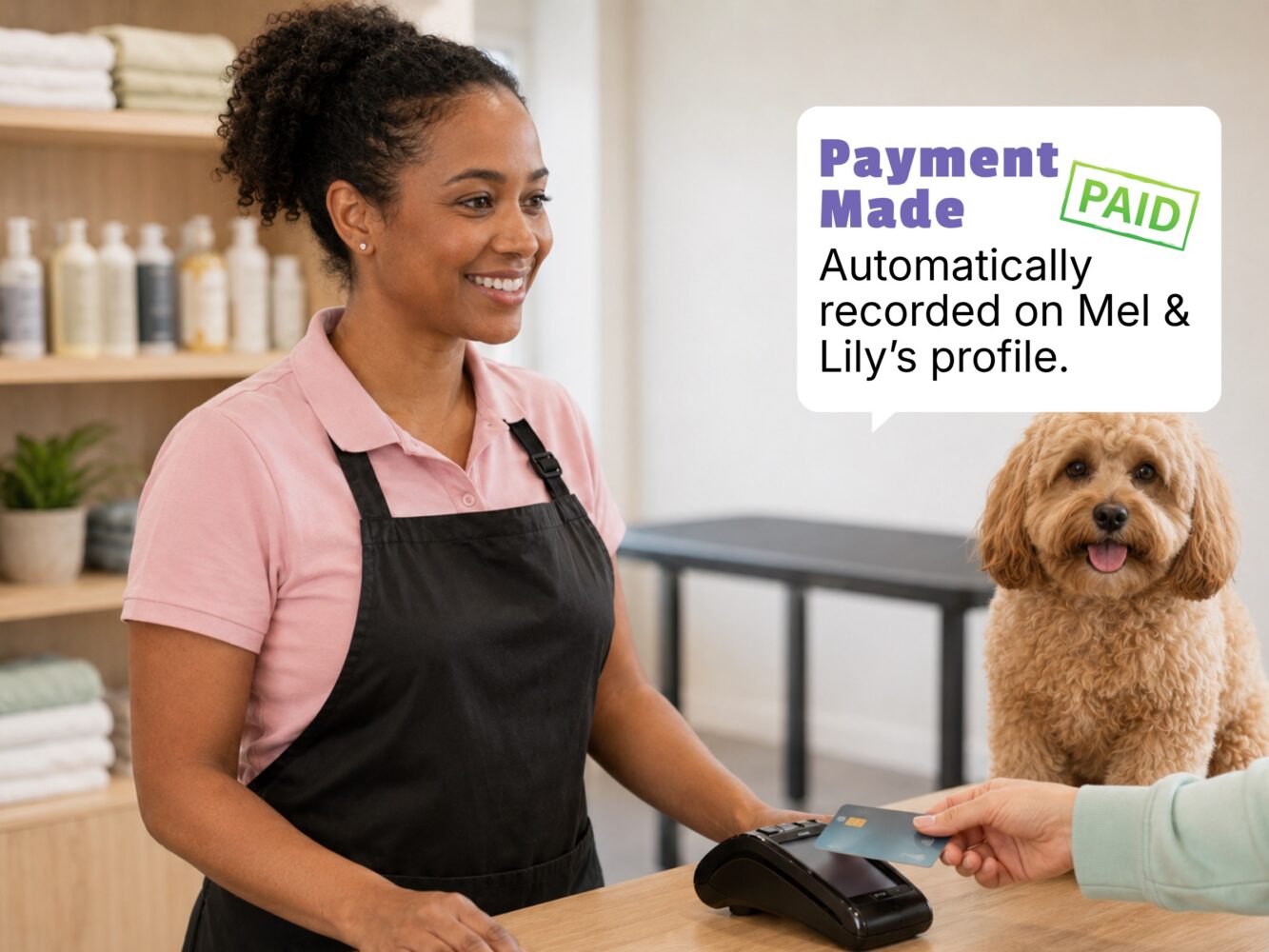 Pet owner paying at a card terminal beside a dog
