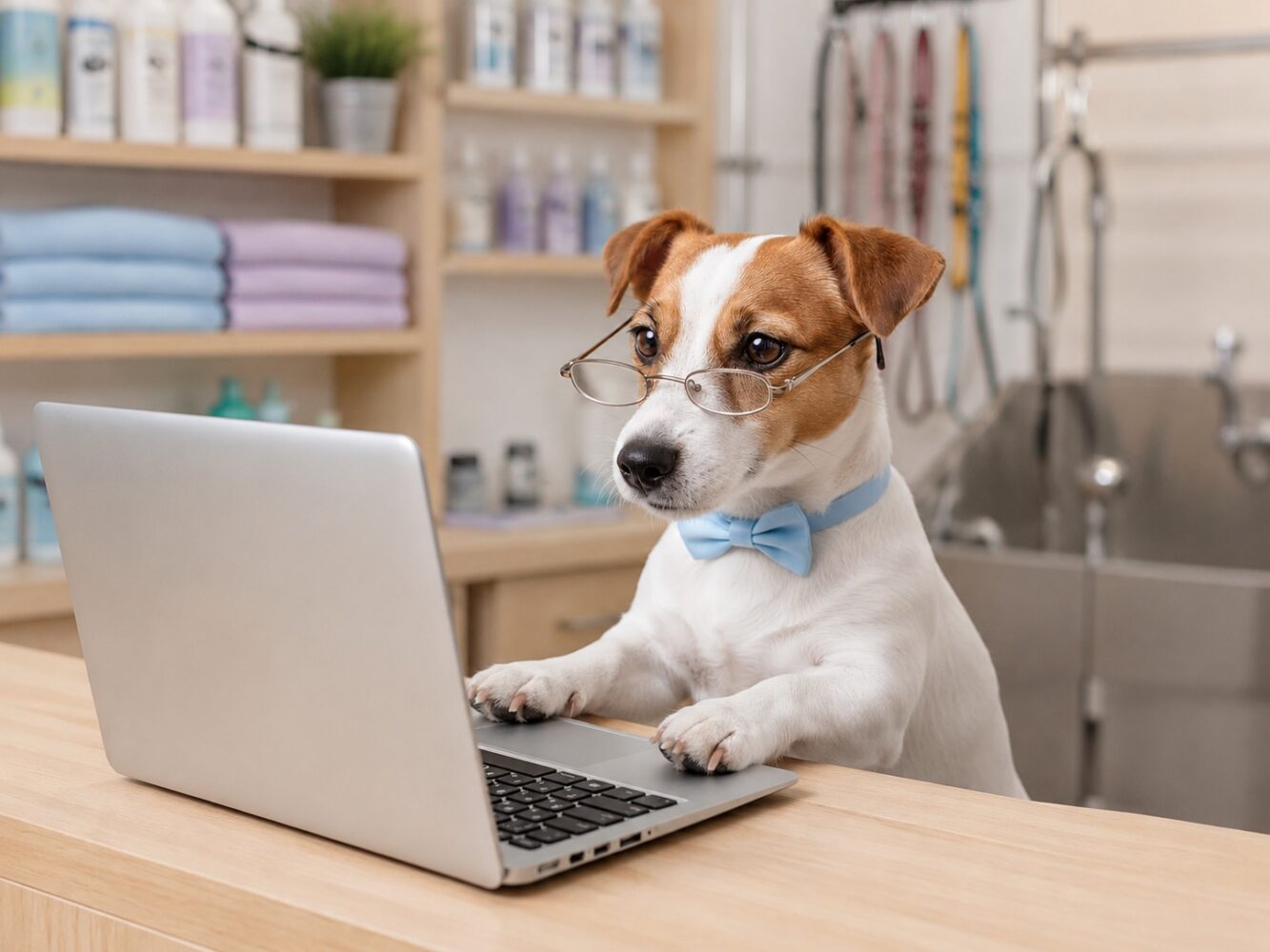 Neko dog mascot using a computer