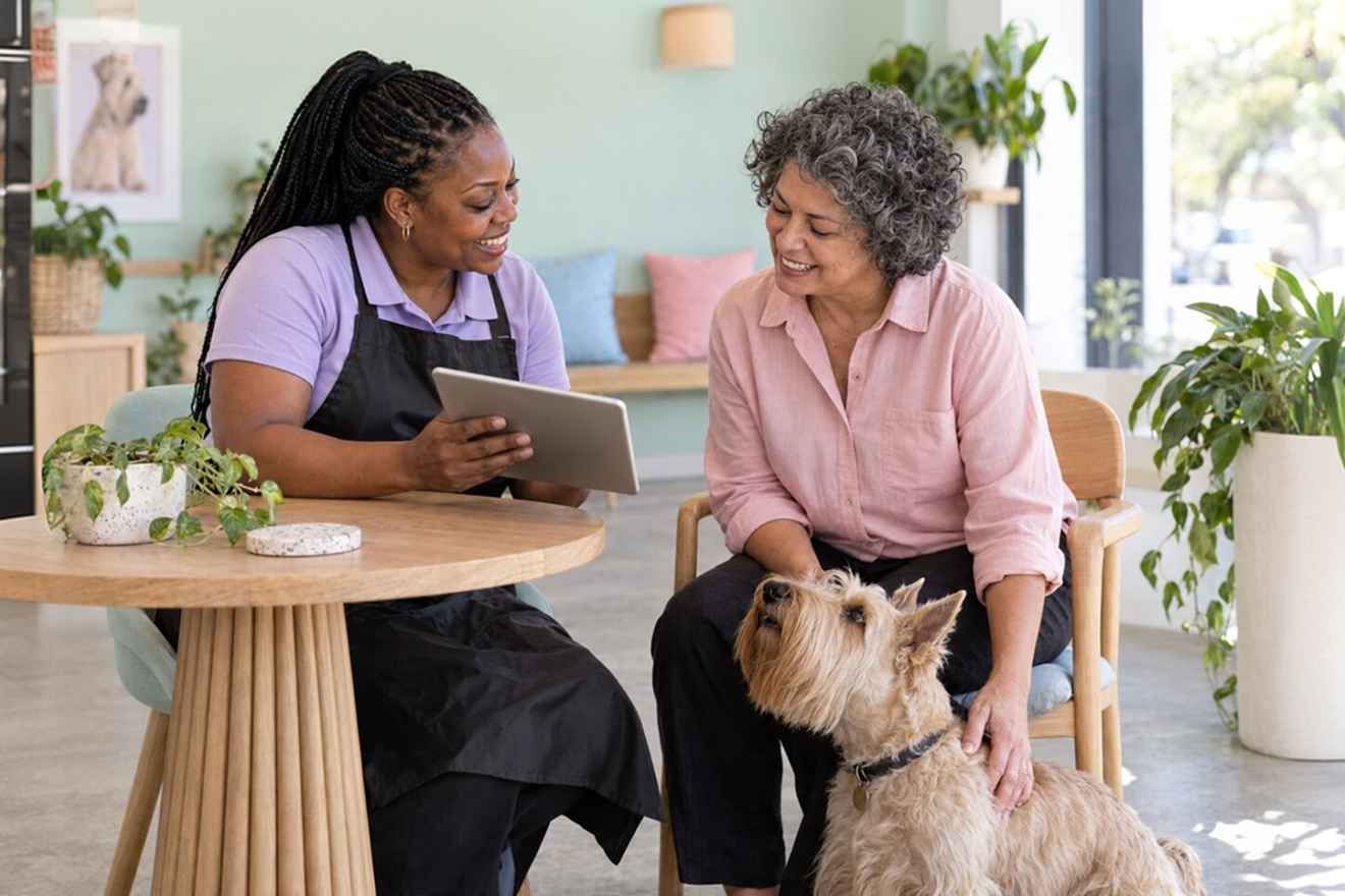 Groomer reviewing a dog's details with its owner