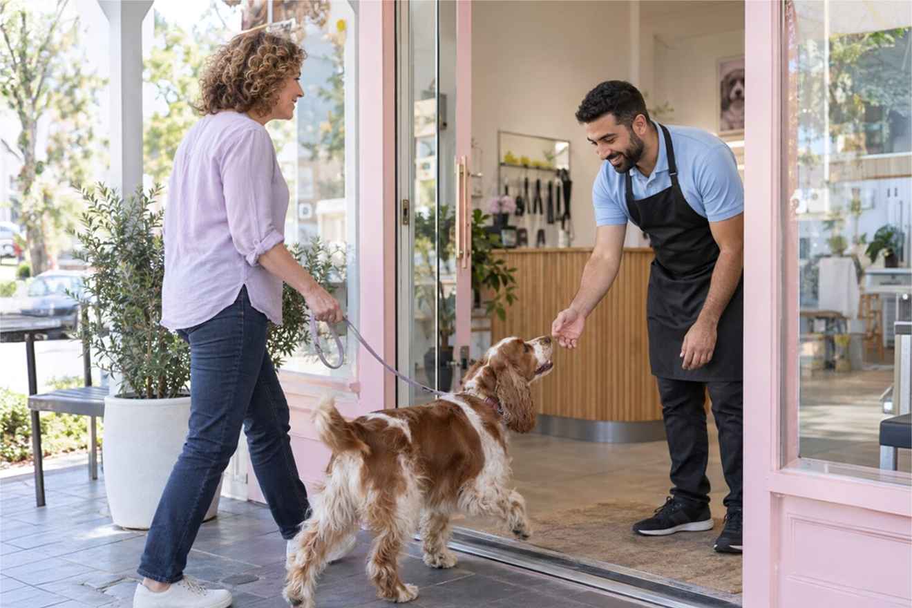 Pet owner arriving at a grooming salon with a dog