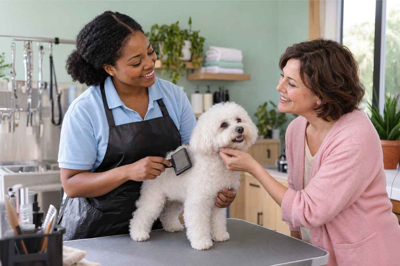 Groomer speaking with the owner of a white dog