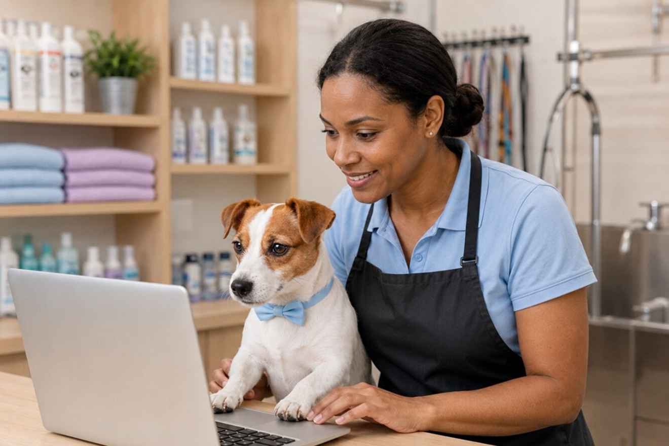 Pet business owner reviewing software on a laptop