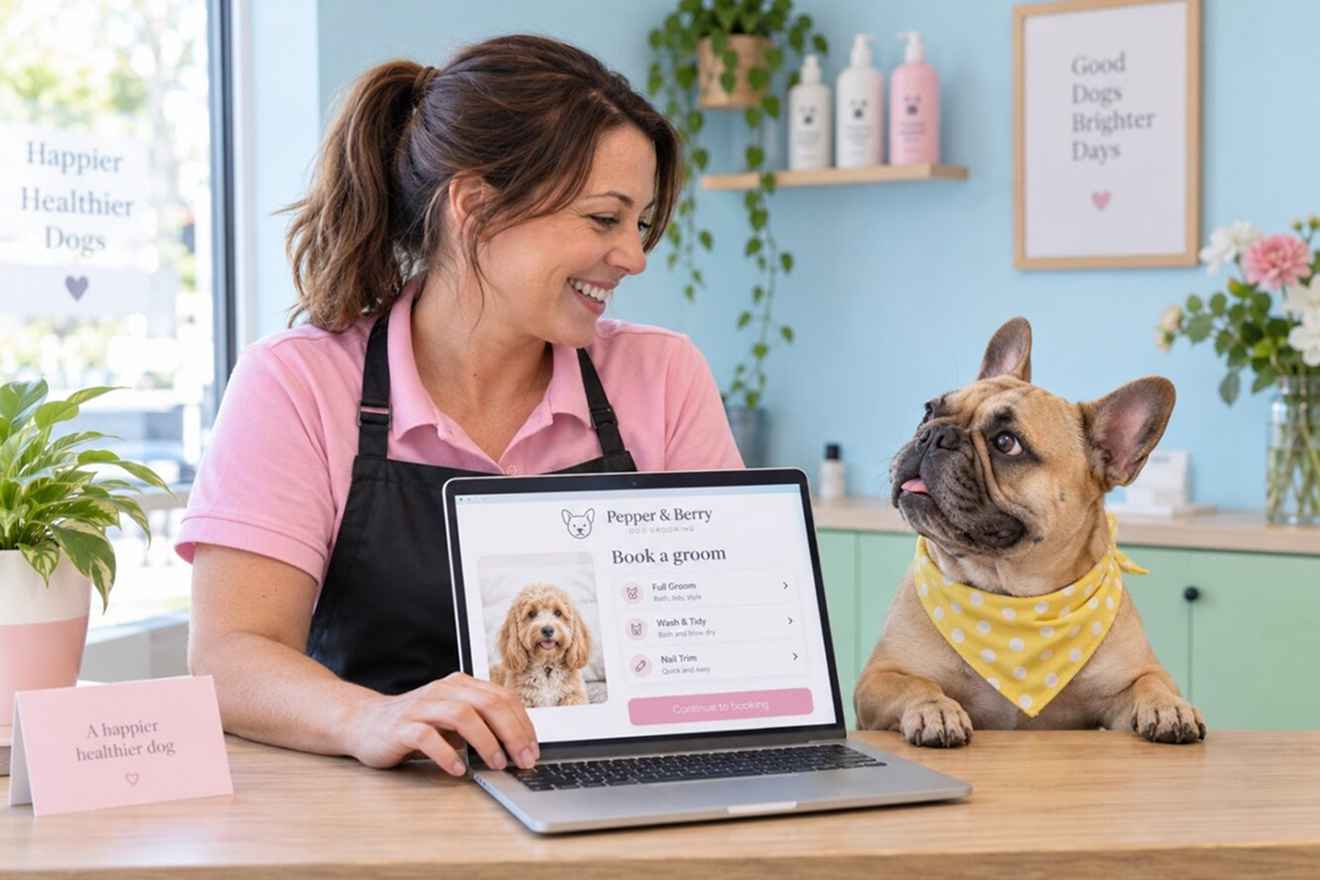 Pet grooming booking website displayed on a laptop